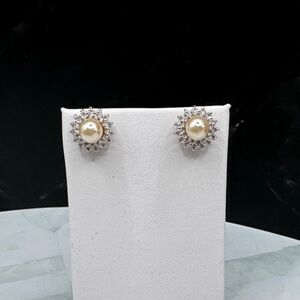 Pearl and Cubic Zirconia Halo Stud Earrings - Cream Pearl